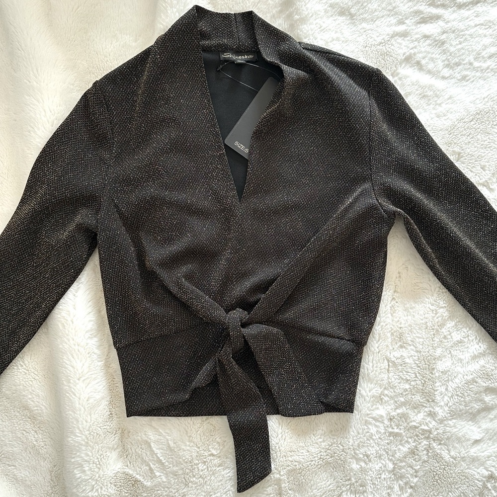 NWT Black & Gold Lurex Style Shinestar Tie Front Long Sleeve Top Small